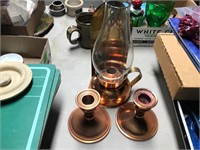 Copper weighted candlesticks and cooper lantern