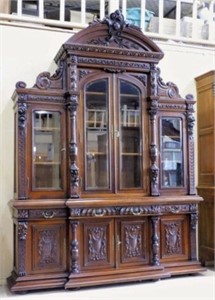 Stunning Henri II Style Carved Walnut Bookcase.
