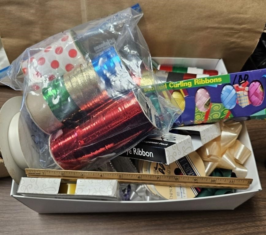 Box of Ribbon and Wrapping Supplies