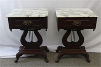 Pair Lyre Based Marble Top End Tables