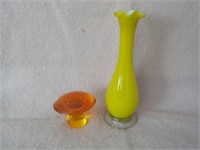 yellow 7" hand blown vase and 2.5" hand blown