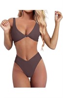 (XL)Swim Suits for Women 1 Piece Solid V Neck Top