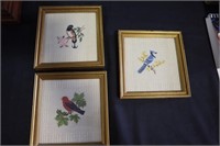 Three miniature bird prints on linen 6" X 6"