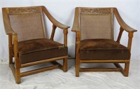 2 Custom Oak Carved Wood Cane Lounge Chairs