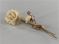 Ivory rose brooch with 14kt gold plated leaves, ab