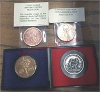 2 Copper medallions & 2 medals in cases.