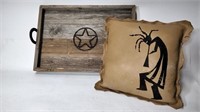 Western Wooden Serving Tray & Leather Throw Pillow