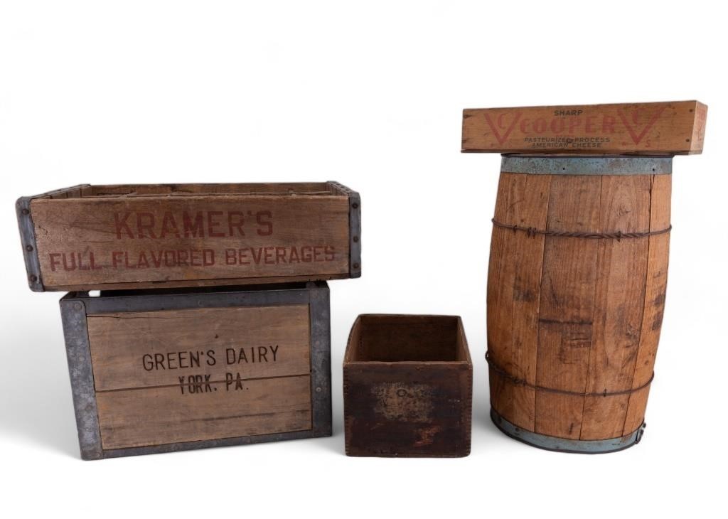 Antique Greens Dairy crate, boxes, barrel