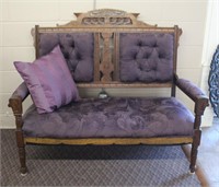 Antique oak settee, carved back in need of repair