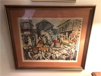 Vintage French Signed Print of Marketplace