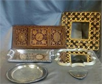 Silver serving tray, mirror, scroll wood decor,