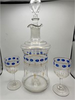 Hand Painted Decanter and 2 Small Stemmed Glasses