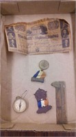 vintage watch, medals, ruler, note