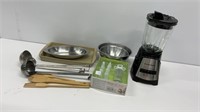 Kitchen lot- blender (untested), stoneware tray,