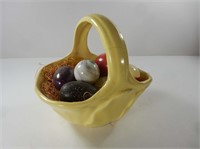 Yellow Glass Basket (Crack) w/ Nine Eggs