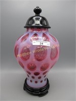 Fenton 11" cranberry opal coin spot covered urn