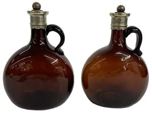 2 AMBER GLASS WHISKEY DECANTERS W/SILVER COLLARS