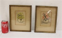 2 Vintage Pencil Signed Floral Prints 9" x 11"