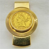 1881 Liberty Head $5 Gold Coin on 14K Money Clip