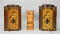 Pair of Tole Tea Canisters & Treen Spice Box