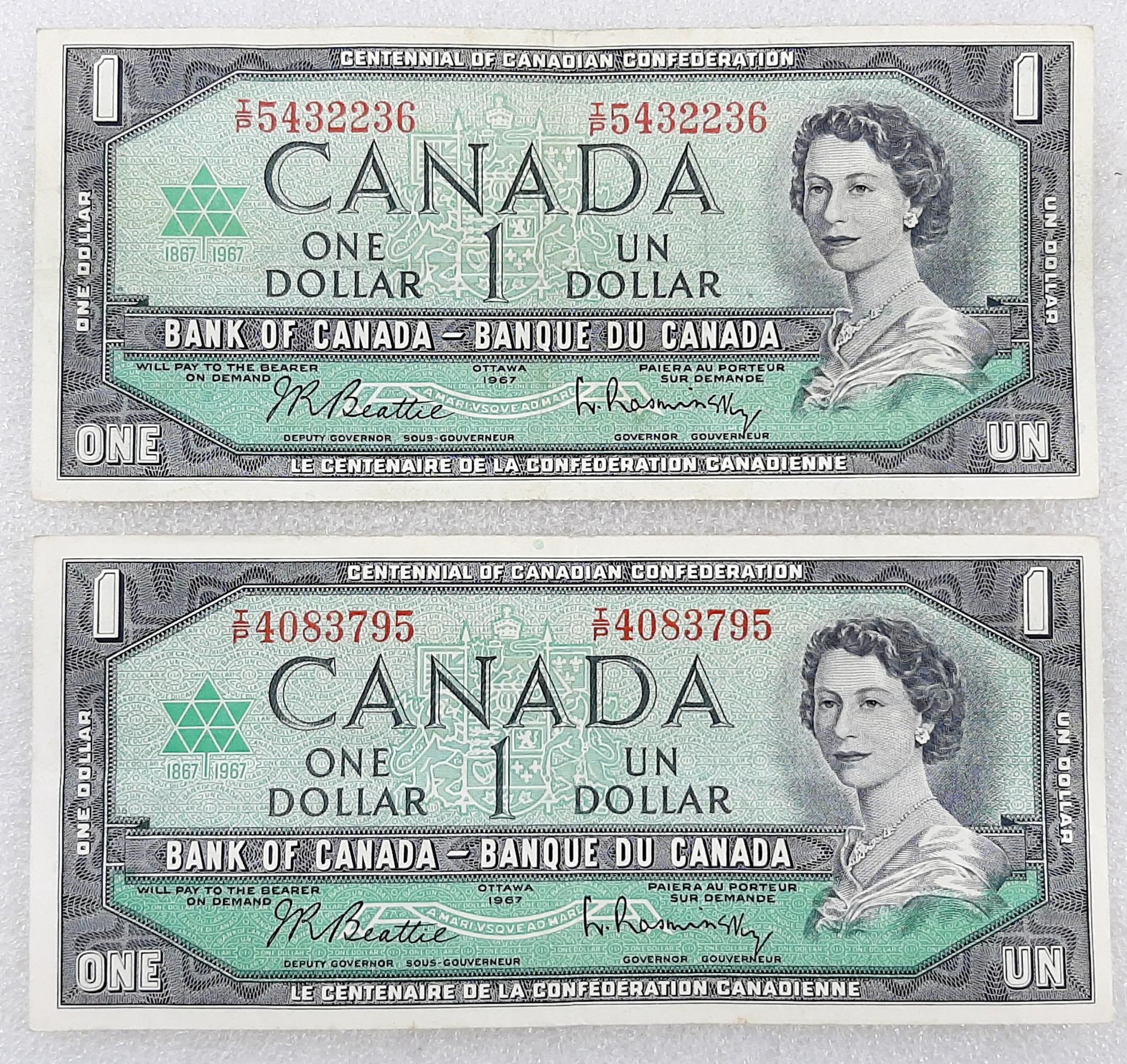 2x Billet de 1$ CANADA 1967 avec # de série