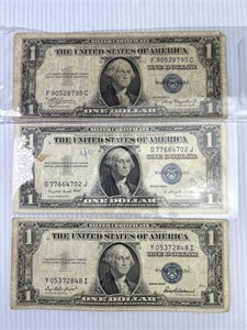 (3) One Dollar Blue Seal Silver Certificates