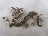 STERLING SILVER AND MARCASITE DRAGON BROOCH 3.5"
