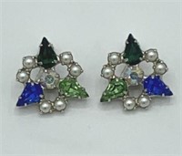 B. DAVID Green Blue Rhinestone Faux Pearl Earrings