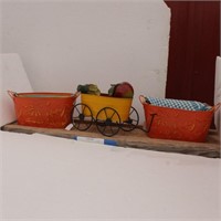 (6) Decorative Colorful Metal Leaf Baskets & Wagon