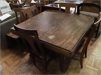 Seven-piece vintage oak table and chairs, table