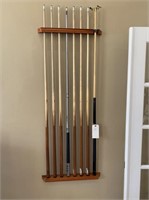 7 Pool Cues and Bridge with wall mount