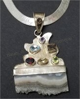 Sterling Silver Necklace w/Multi-Stone Pendant