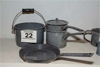 Grey enamel pot, double boiler  & pan