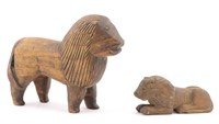 Two Carved Wood Lions