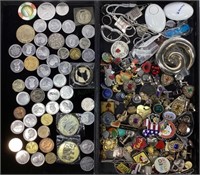 (2) Tray Lots Of Fashion Jewelry, Coins & Medals