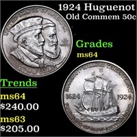 1924 Huguenot Old Commem Half Dollar 50c Grades Ch
