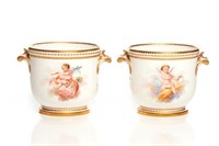 Pair of English hand painted porcelain cache pots