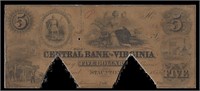Staunton $5 Banknote 1859 Central Bank of Virginia