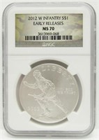 2012 W INFANTRY SILVER COMMEM NGC MS70