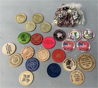 Wooden Nickels; Dice & Casino Chips Gaming Lot
