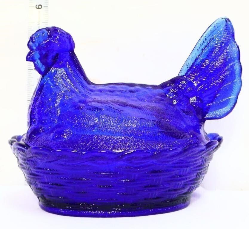 Cobalt glass hen on nest