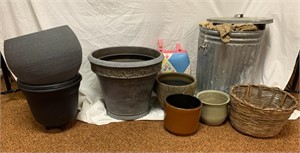 Flower Pot, Metal Trash Can, Burlap Sacks