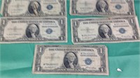 A lot of five 1935A Series $1 silver certificates