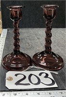2 &7" Colored Twisted Glass Candlestick Holders