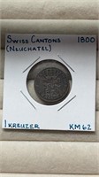 1800 Swiss Cantons 1 Kreuzer Coin