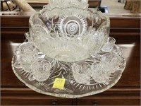 CUT GLASS PUNCH BOWL AND STAND WITH 11 CUPS