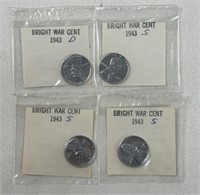 (4) 1943 BRIGHT WAR WHEAT PENNIES COIN