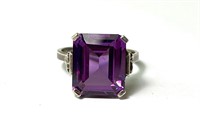 Sterling Large Emerald Cut Amethyst Ring 6 G S-7.5