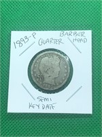 1893-P Barber Head Silver Quarter Seni-Key Date