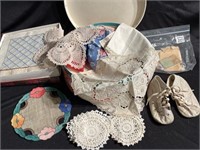 Vintage Lace Doilies, leather baby shoes and